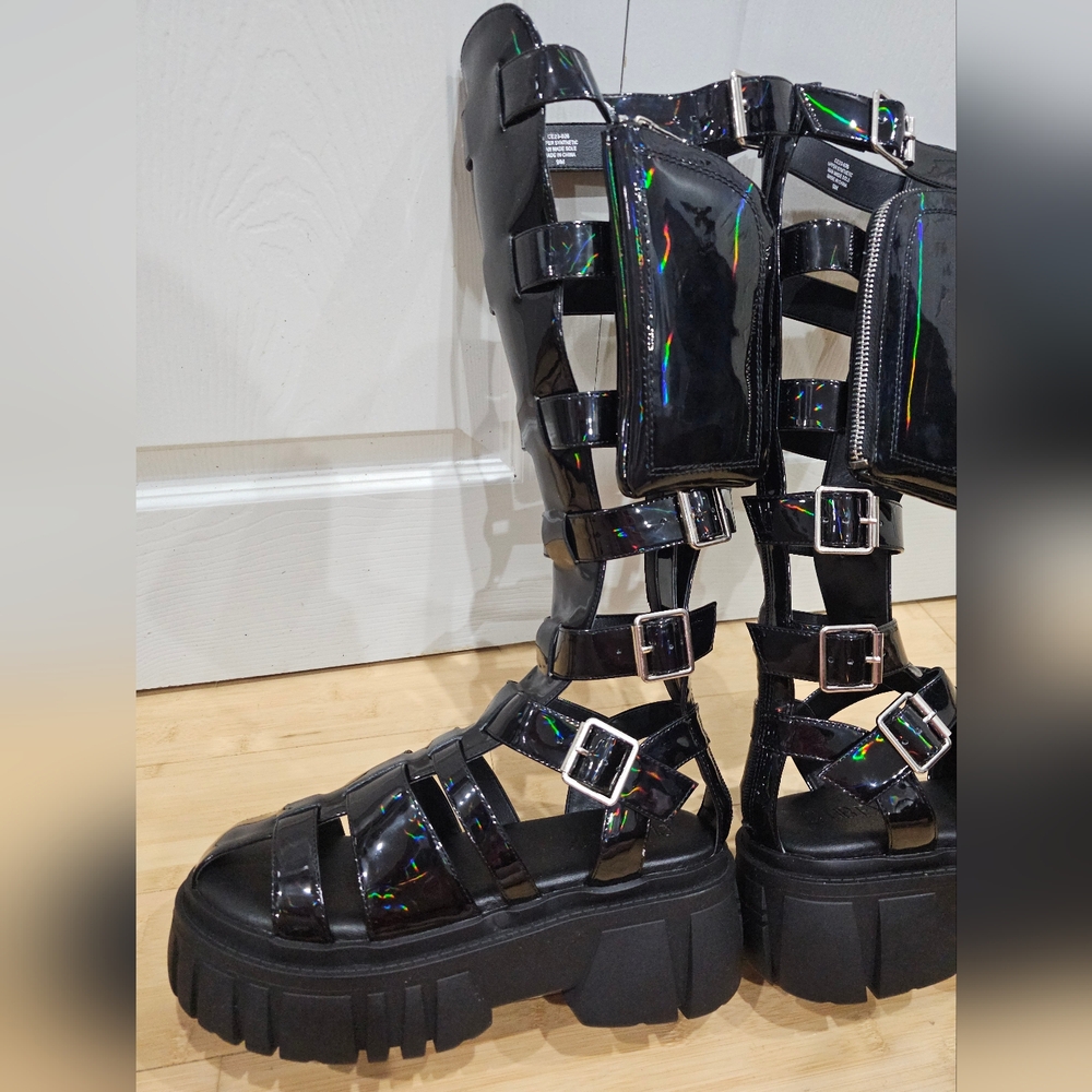 Holographic Oil slick black Rave Club Exx Stage Diver Gladiator Sandals Shoes 9 - Picture 4 of 16